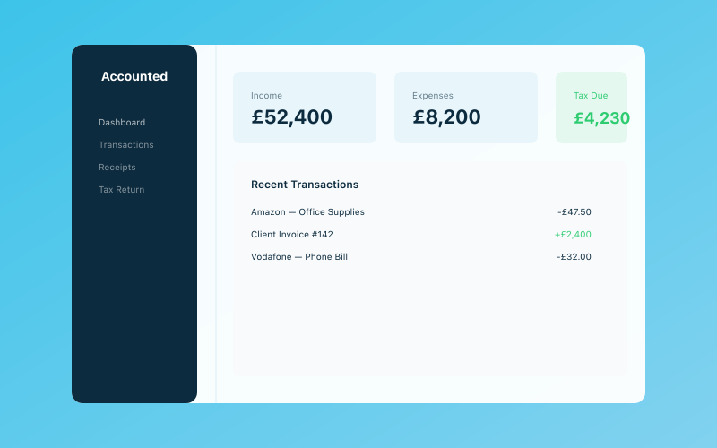 Your Accounted dashboard — income, expenses, and tax at a glance
